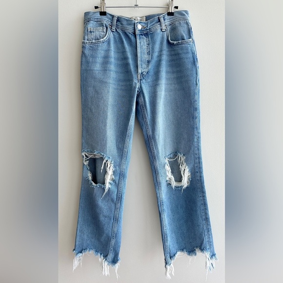 We The Free Maggie Mid-Rise Straight Leg Distressed Blue Denim Jeans, Size 27 - Picture 3 of 16